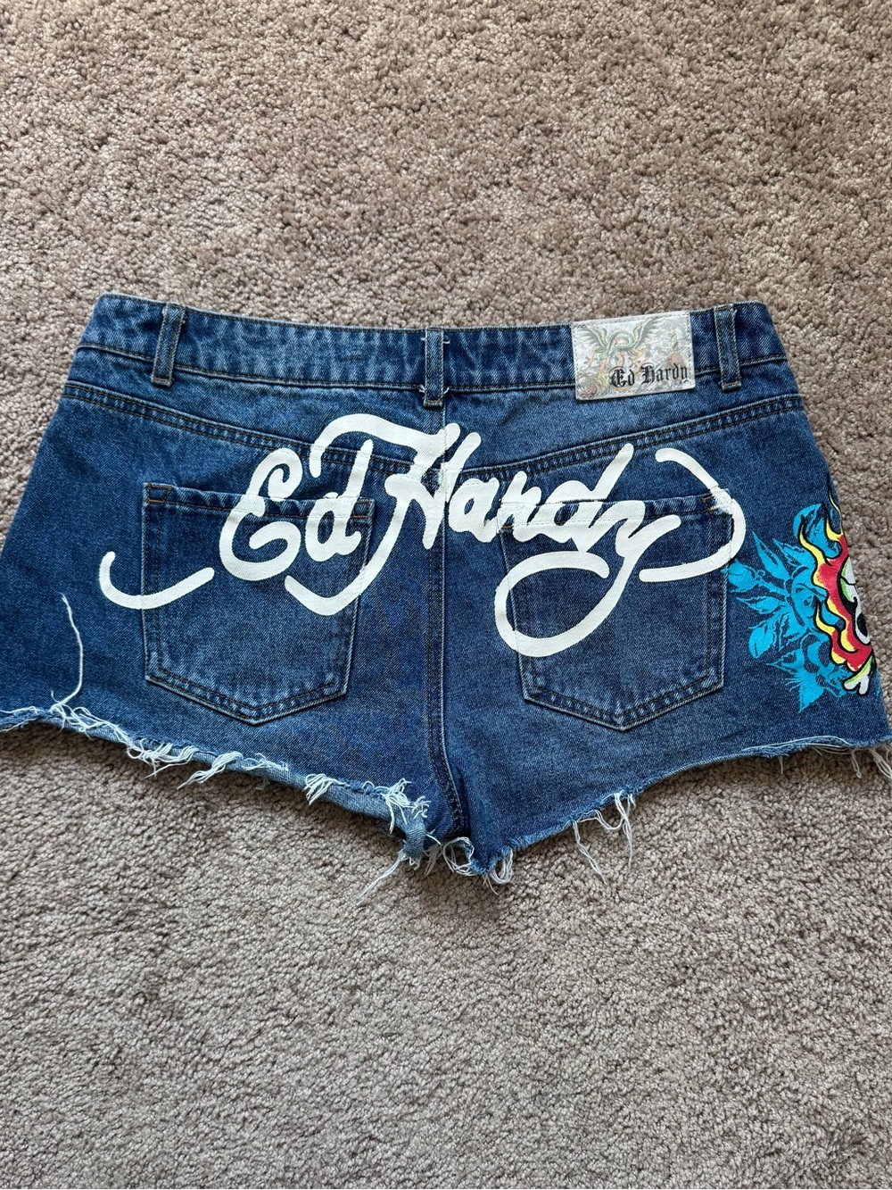 Ed Hardy Cut Off Denim Shorts Womens 30 Blue Flames Skull Spell Out Y2K Grunge